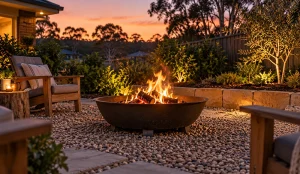 Backyard fire pit with decorative pebble surround in a Central Coast garden